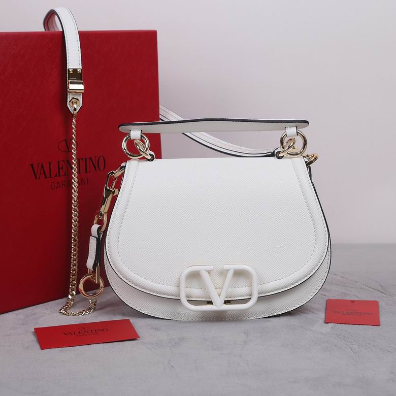 Valentino Garavani VSling Top-Handle Saddle Bag in White Grained Leather