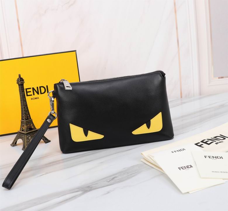 Fendi Bag Bugs Monster Eyes Zip Pouch Clutch with Wrist Strap in Black Leather