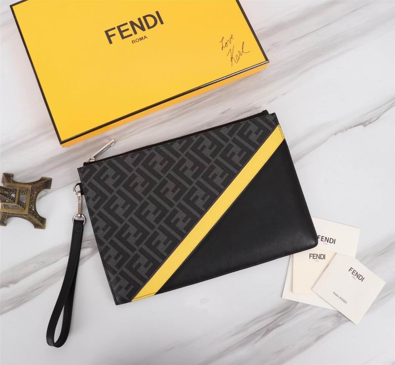 Fendi FF Logo Zip Pouch with Wrist Strap in Grey Canvas, Black Leather, Yellow Stripe