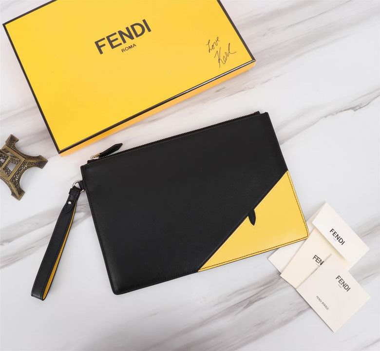 Fendi Bag Bugs Zip Flat Pouch Clutch with Wrist Strap in Black and Yellow Leather