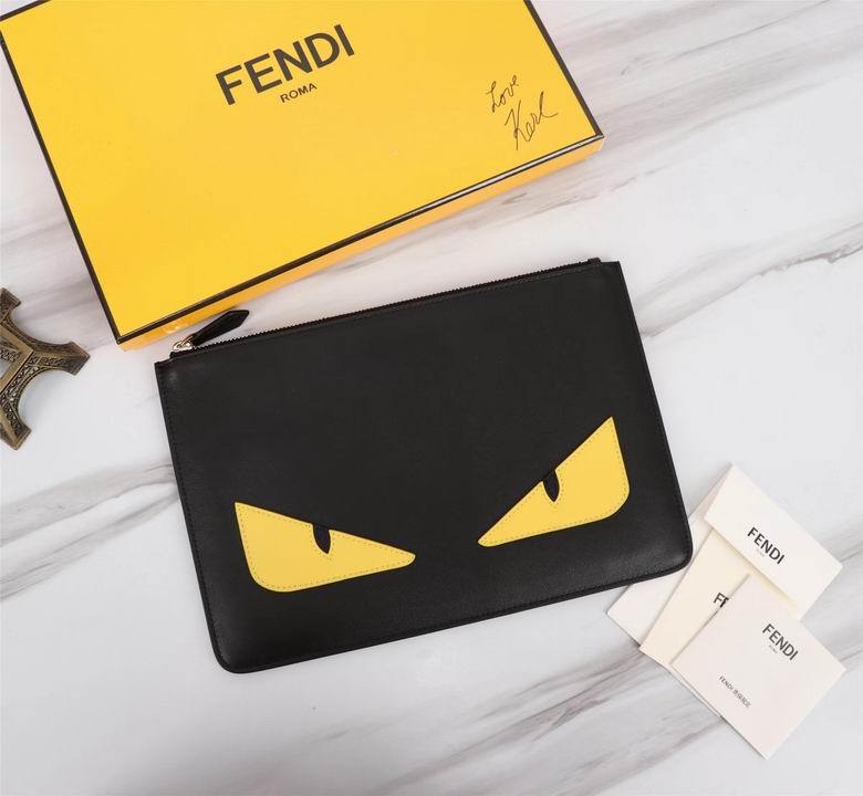 Fendi Bag Bugs Flat Zip Pouch Clutch in Black Leather with Yellow Eyes