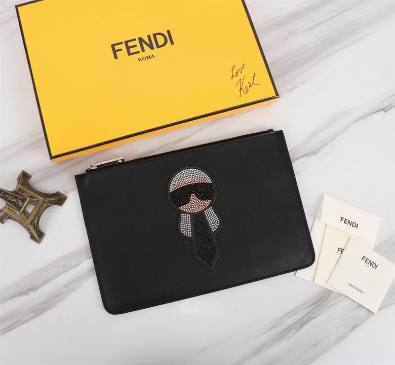 Fendi Karlito Zip Flat Pouch Clutch in Black Leather with Crystal Charm