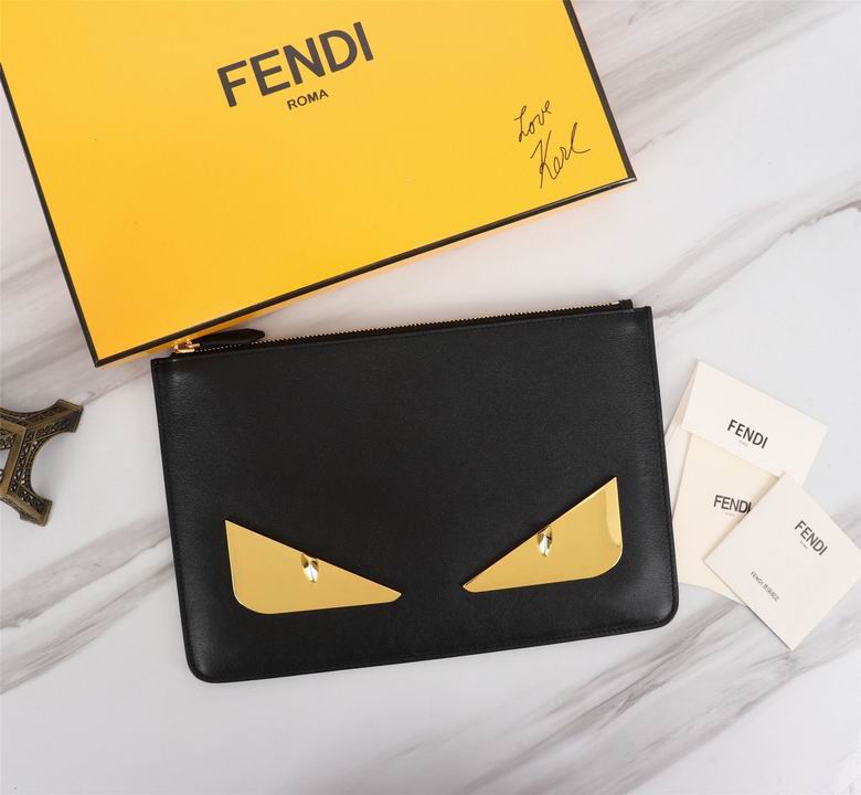 Fendi Bag Bugs Flat Zip Pouch Clutch in Black Leather with Gold Eyes