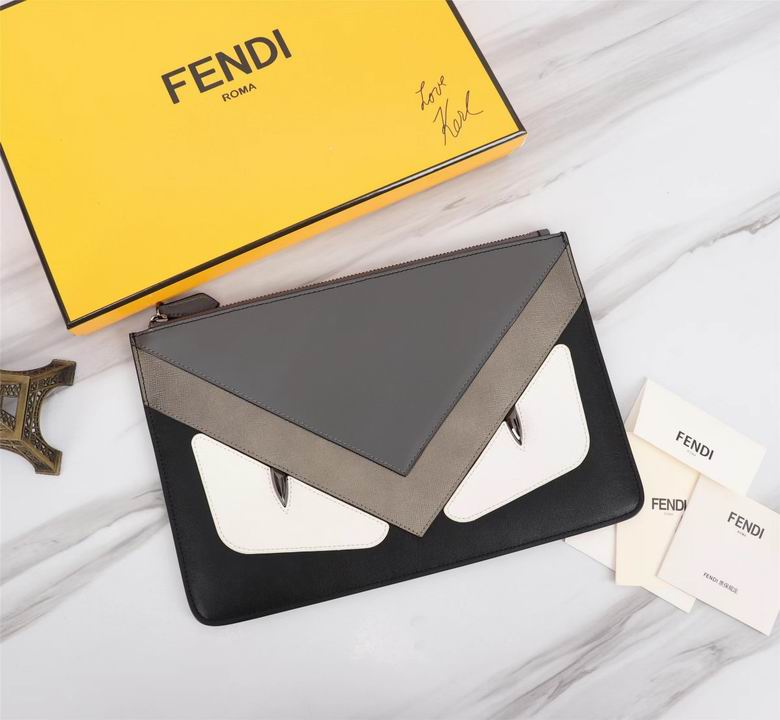 Fendi Monster Bag Bugs Eyes Zip Pouch Clutch in Black and Gray Leather