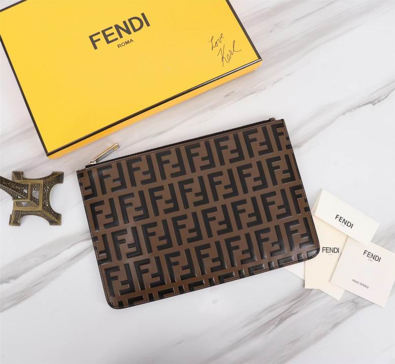 Fendi FF Logo Flat Zip Pouch Clutch in Brown Embossed Leather