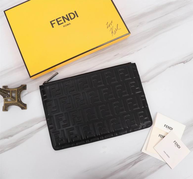 Fendi FF Embossed Zip Flat Pouch Clutch in Black Leather, 30cm