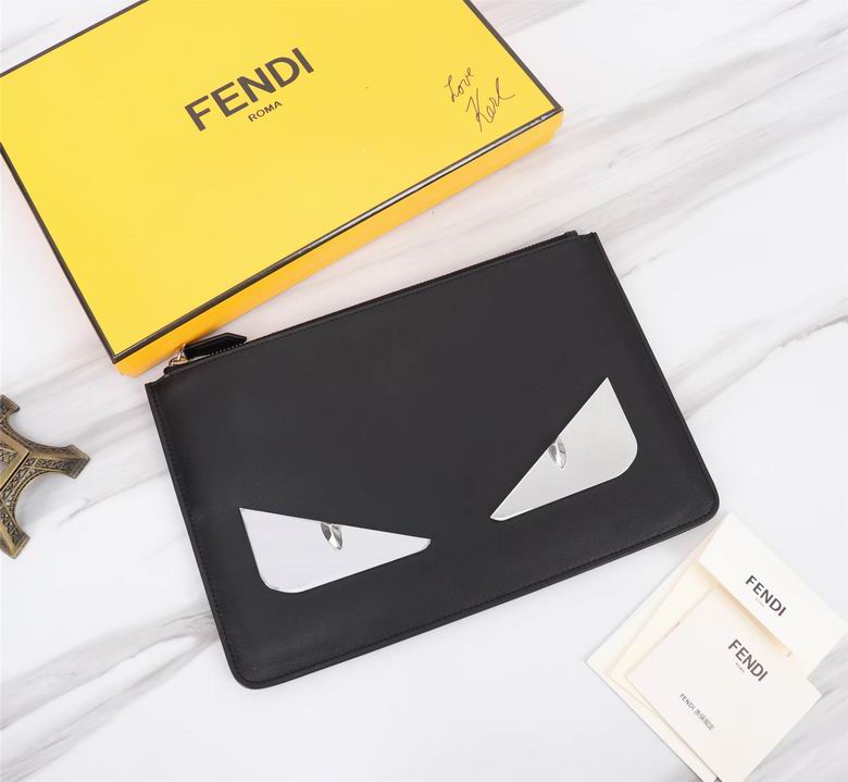 Fendi Bag Bugs Zip Flat Pouch Clutch in Black Leather with Silver Eyes