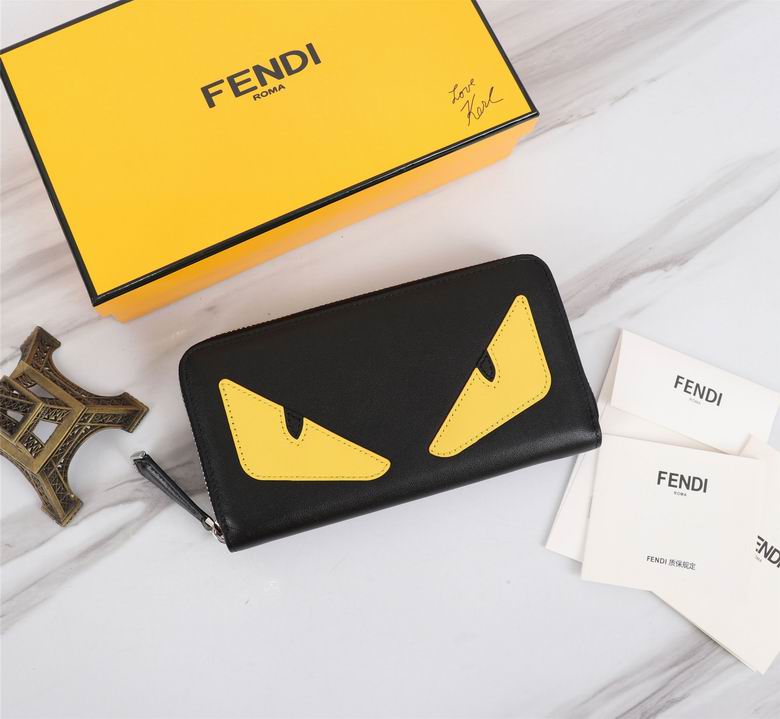 Fendi Bag Bugs Monster Eyes Zip-Around Wallet in Black Leather with Yellow