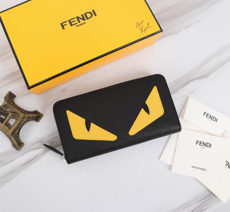 Fendi Bag Bugs Zip-Around Wallet in Black Textured Leather with Yellow Eyes