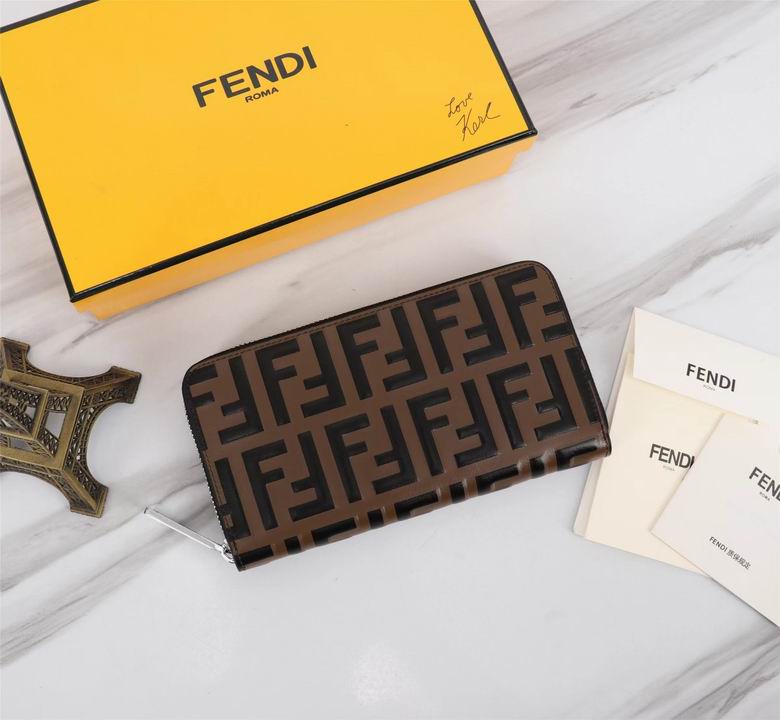 Fendi FF Logo Zip-Around Continental Wallet in Brown Embossed Leather