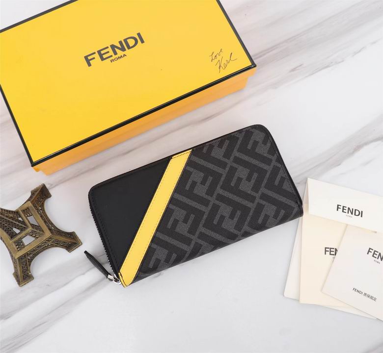 Fendi FF Logo Zip-Around Long Wallet in Black Canvas with Yellow Leather Stripe