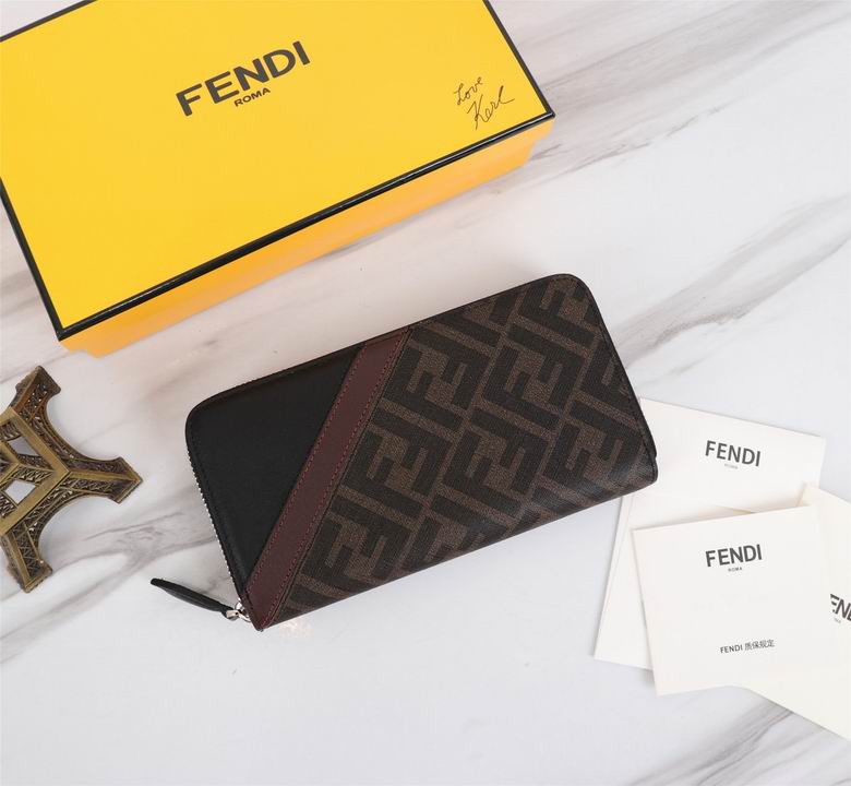 Fendi FF Logo Zip-Around Long Wallet in Brown Canvas with Black Leather Panel