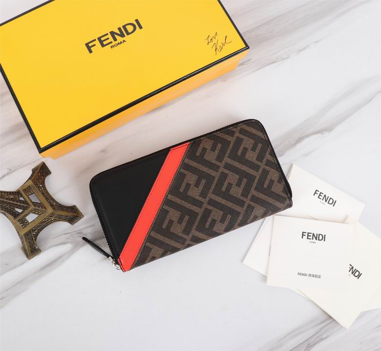 Fendi FF Logo Zip-Around Long Wallet in Brown Canvas with Black and Red Trim