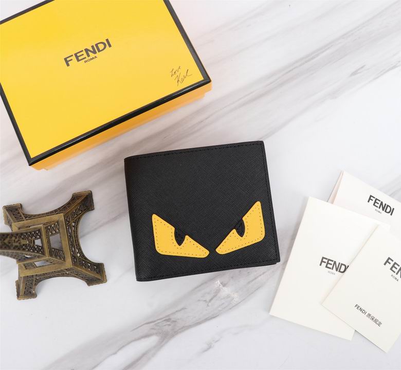 Fendi Bag Bugs Bifold Wallet in Black Textured Leather with Yellow Eyes