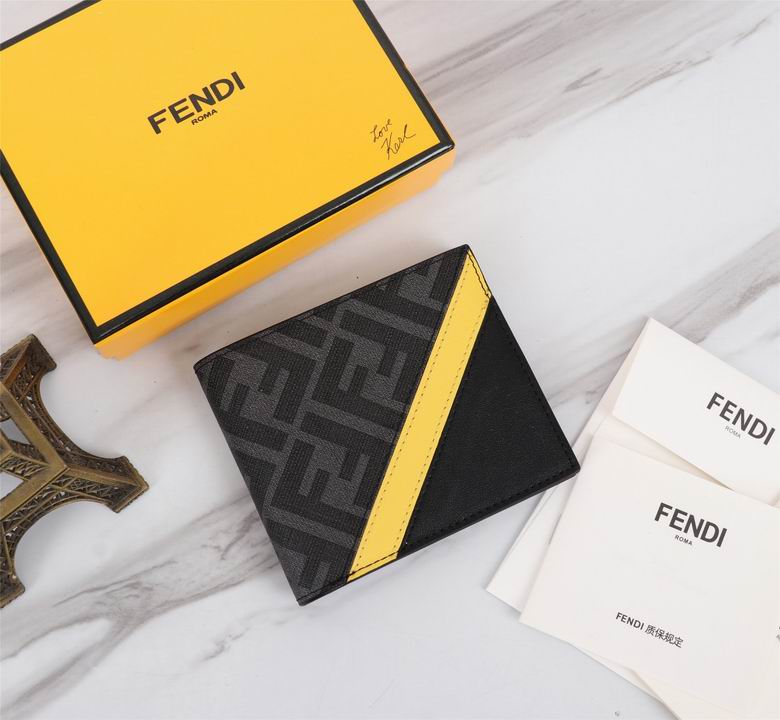 Fendi FF Logo Bifold Wallet in Black Fabric with Yellow Diagonal Stripe