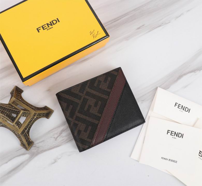 Fendi FF Logo Bifold Wallet in Brown Fabric with Black Leather and Burgundy Stripe