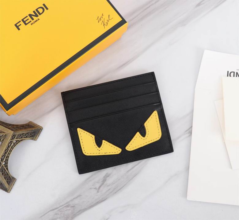 Fendi Bag Bugs Monster Eyes Flat Card Holder in Black Leather with Yellow Eyes