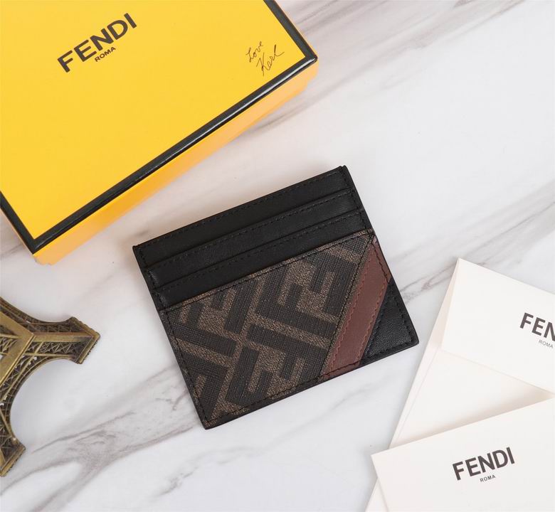Fendi FF Flat Card Holder in Brown Fabric with Black Leather and Burgundy Stripe