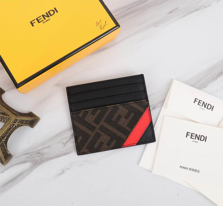 Fendi FF Logo Flat Card Holder in Brown Fabric with Black Leather and Red Stripe