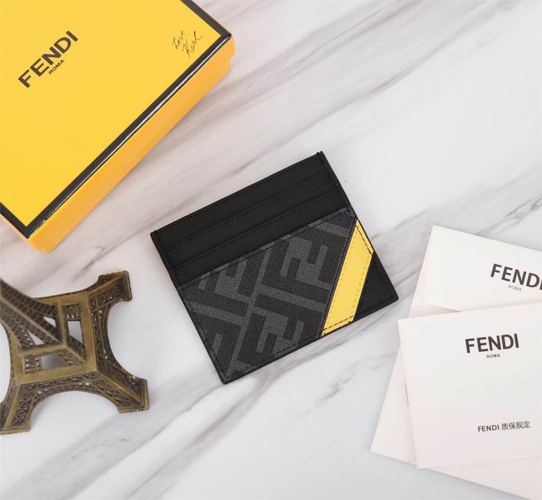 Fendi FF Logo Card Holder in Grey Canvas with Black Leather and Yellow Stripe