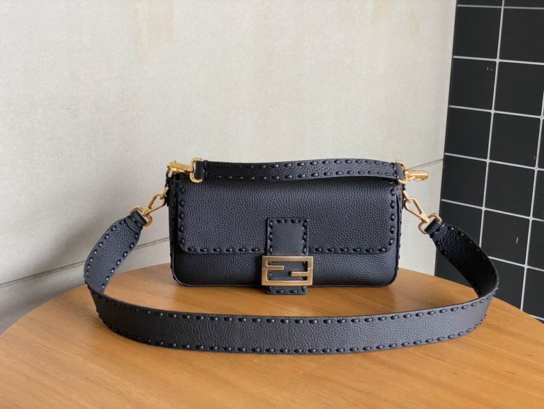 Fendi Baguette Medium Shoulder Bag in Black Selleria Leather with Stitching