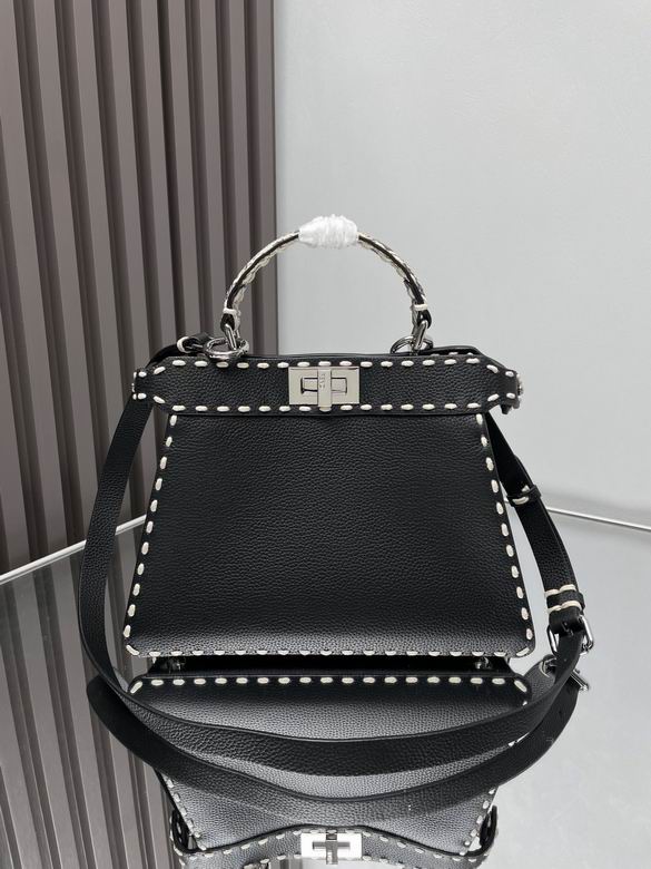 Fendi Peekaboo Top-Handle Bag in Black Grained Leather with Contrast Stitching