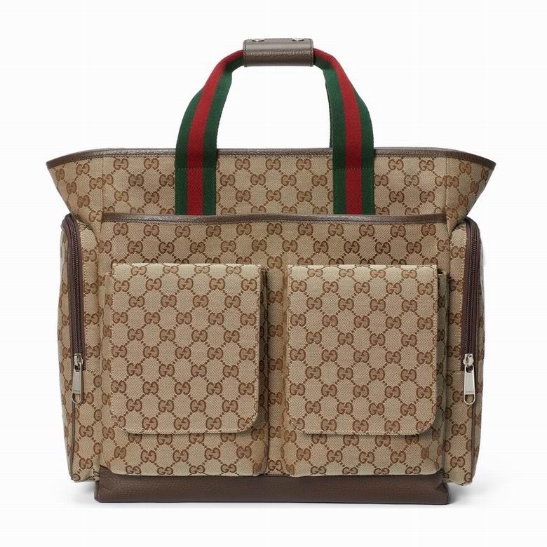 Gucci GG Canvas Tote Bag with Front Flap Pockets and Web Handles