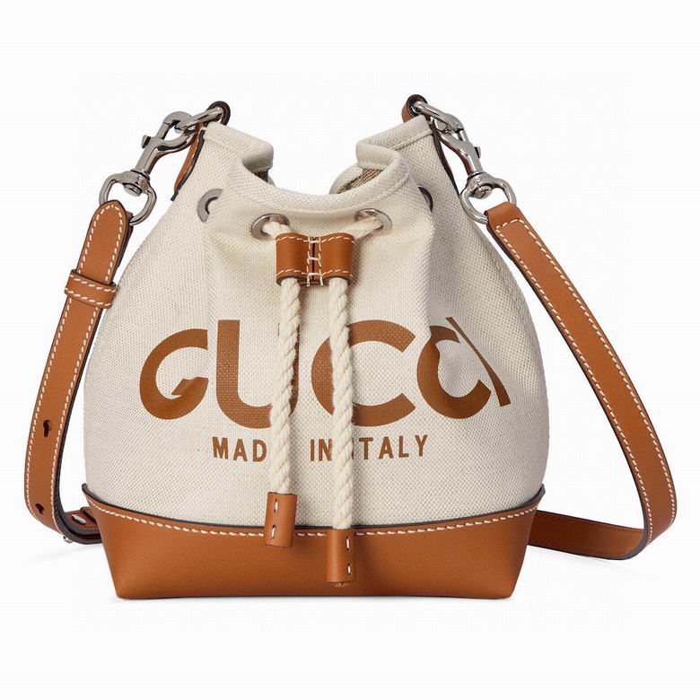 Gucci Mini Bucket Bag with Gucci Print in Natural Canvas and Tan Leather