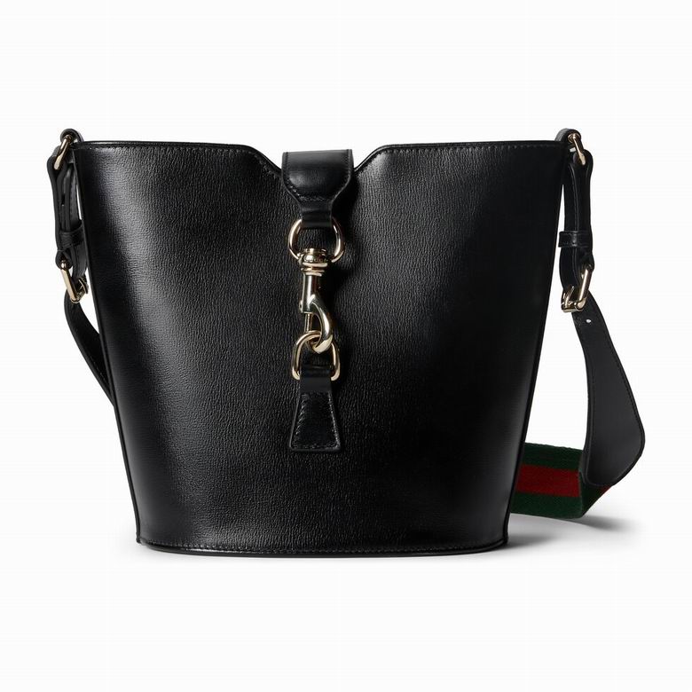 Gucci Small Bucket Bag with Clip Closure in Black Leather with Web Strap