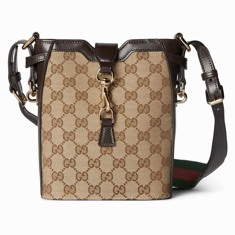 Gucci Mini Bucket Bag in Beige and Ebony GG Canvas with Web Strap
