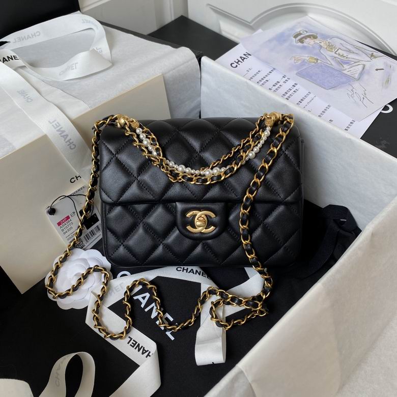 Chanel Mini Flap Bag with Pearl Chain in Black Quilted Lambskin