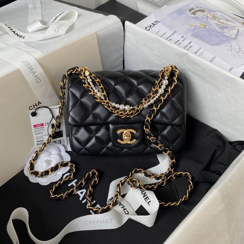 Chanel Mini Flap Bag with Pearl Chain in Black Quilted Lambskin, Gold Hardware