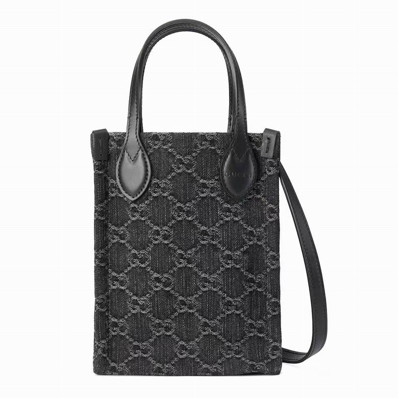 Gucci Mini Tote Bag with Strap in Black GG Denim and Leather