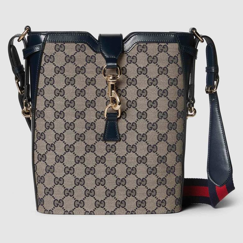 Gucci Jackie Notte Small Bucket Bag in Beige and Navy GG Canvas
