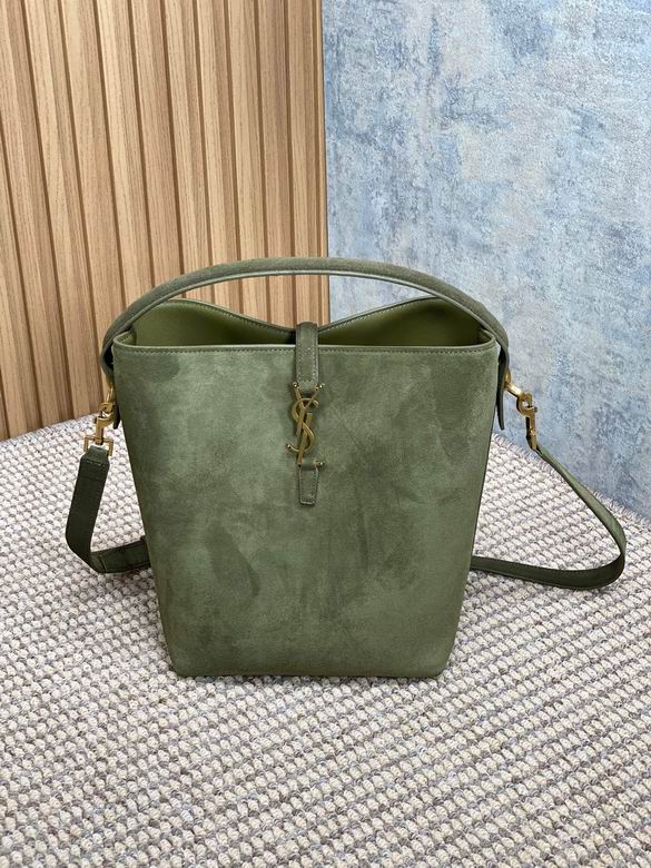 Saint Laurent Le 37 Bucket Bag in Olive Green Suede with Gold Cassandre Logo