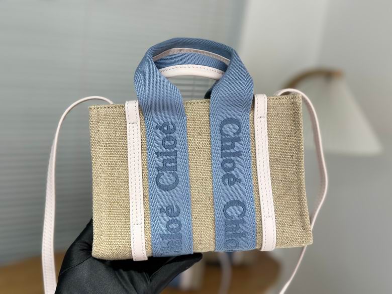 Chloé Woody Mini Tote Bag in Beige Linen Canvas with Blue Ribbon