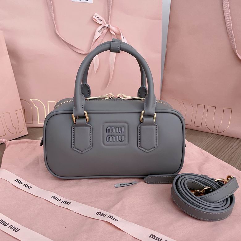 Miu Miu Arcadie Top-Handle Bowling Bag in Grey Leather with Strap