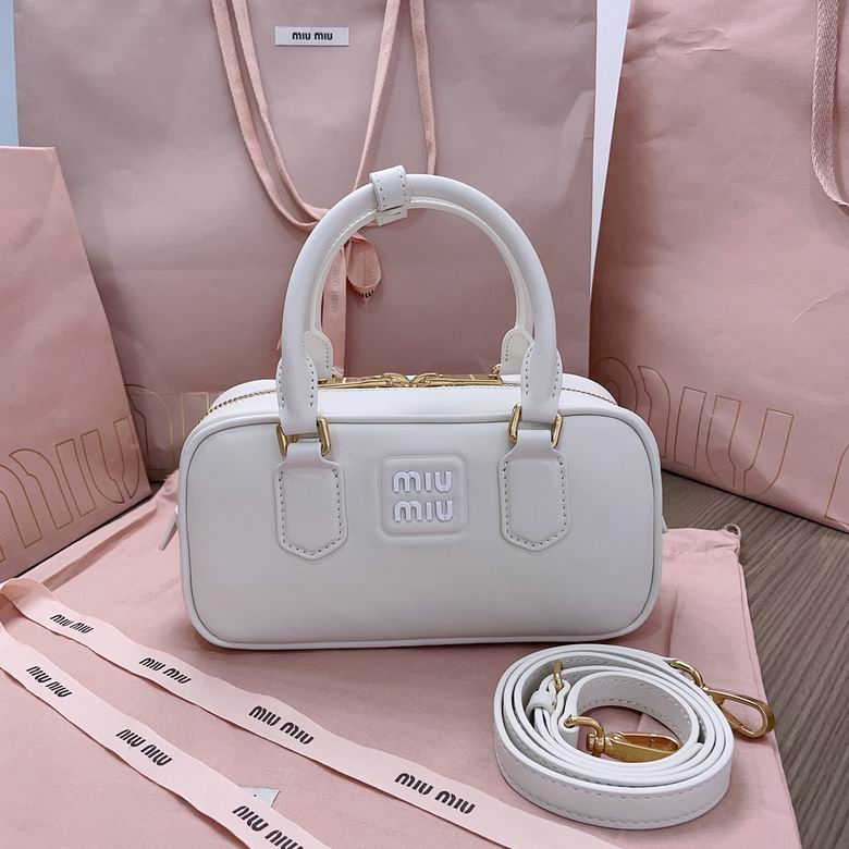 Miu Miu Arcadie Top-Handle Bowling Bag in White Leather with Strap
