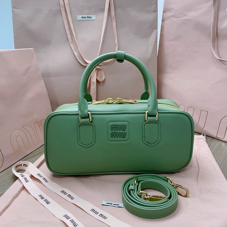 Miu Miu Arcadie Top-Handle Bowling Bag in Green Leather with Strap