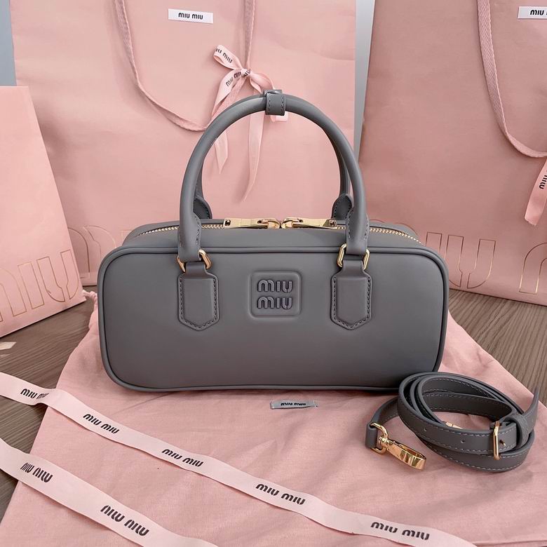 Miu Miu Arcadie Top-Handle Bowling Bag in Grey Leather with Strap