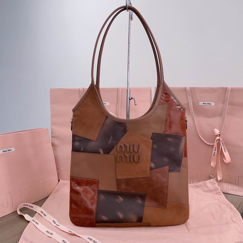 Miu Miu Patchwork Shoulder Bag in Brown Leather and Suede with Logo Lettering