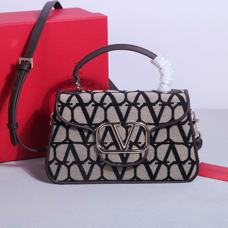 Valentino Garavani Locò Small Top-Handle Bag in Beige Black Toile Iconographe