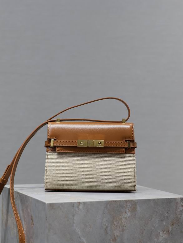 Saint Laurent Manhattan Mini Shoulder Bag in Beige Canvas and Tan Leather