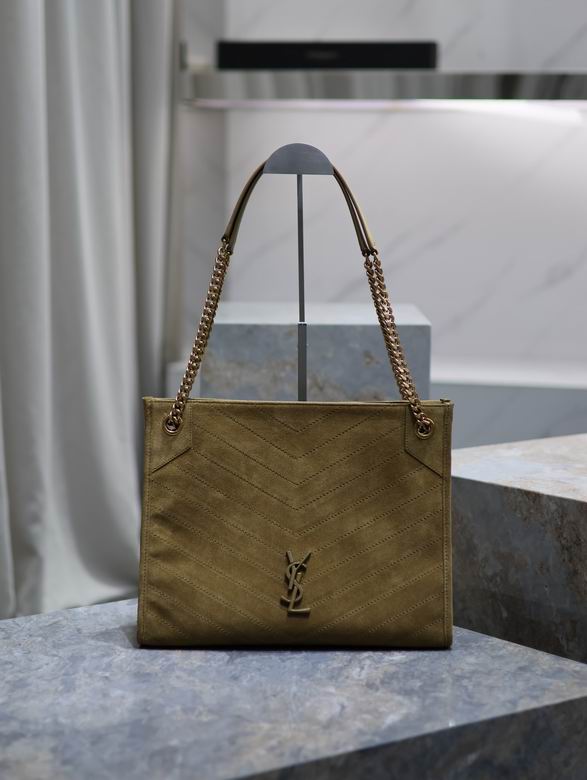 Saint Laurent Niki Medium Shopping Bag in Olive Khaki Suede with Chain Straps
