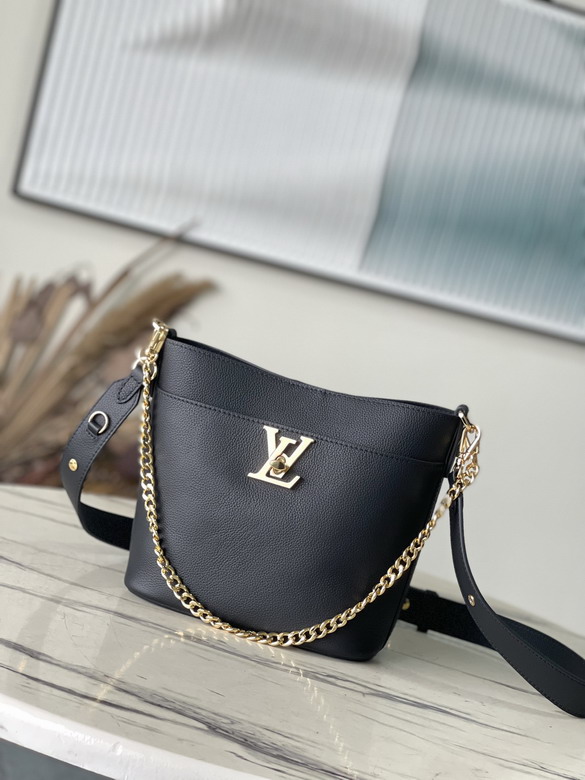Louis Vuitton Lock and Walk Bucket Bag in Black Grained Leather with Chain