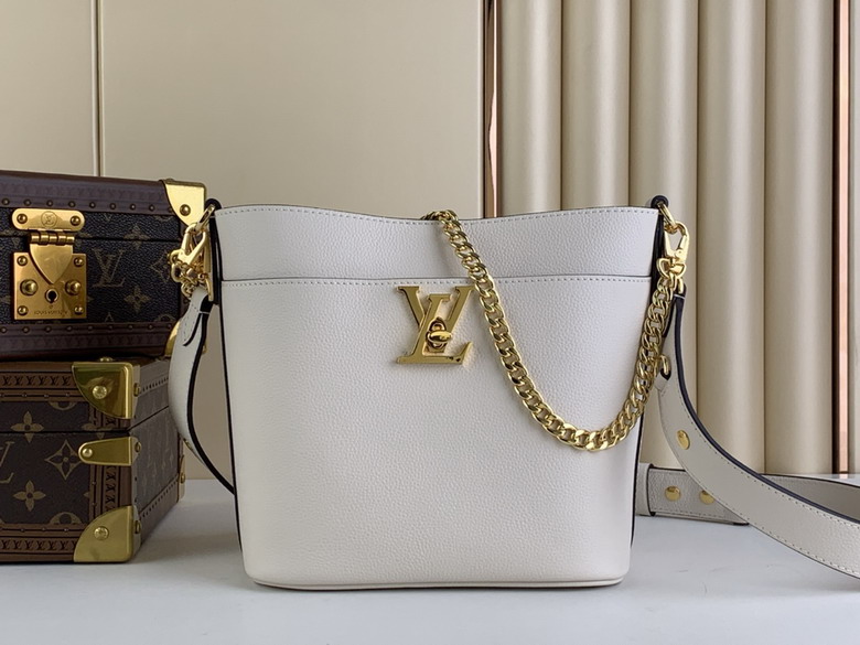 Louis Vuitton Lock and Walk Bucket Bag in Cream Grained Leather with Gold Chain