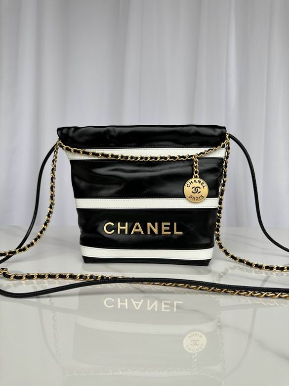 Chanel 22 Mini Bucket Bag in Black and White Striped Calfskin with Gold Chain