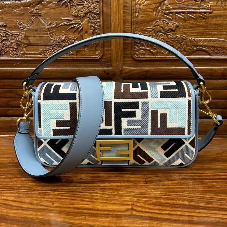Fendi Baguette Medium Shoulder Bag in Blue FF Embroidered Canvas