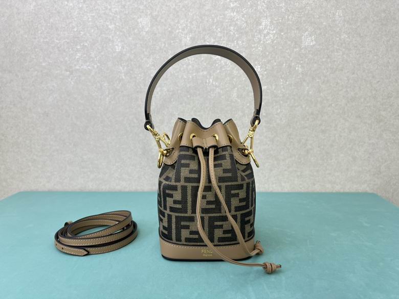 Fendi Mon Tresor Mini Bucket Bag in Brown FF Jacquard Fabric with Tan Leather
