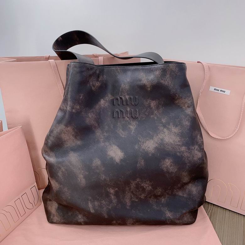 Miu Miu Large Tote Bag in Mottled Brown Distressed Leather with Embossed Logo